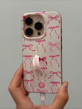 iPhone 16 Pro Loopy Case Pink Ribbon Pattern Phone Case with Loopy Grip